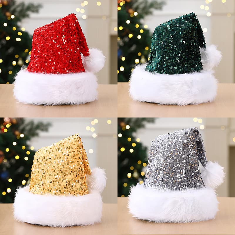 New Cross-Border Christmas Decorative Atmosphere Hat Double-Layer Sequin Hat Shanghai Style Wool Hat Adult Thick Long Hair Hat 32*45CM