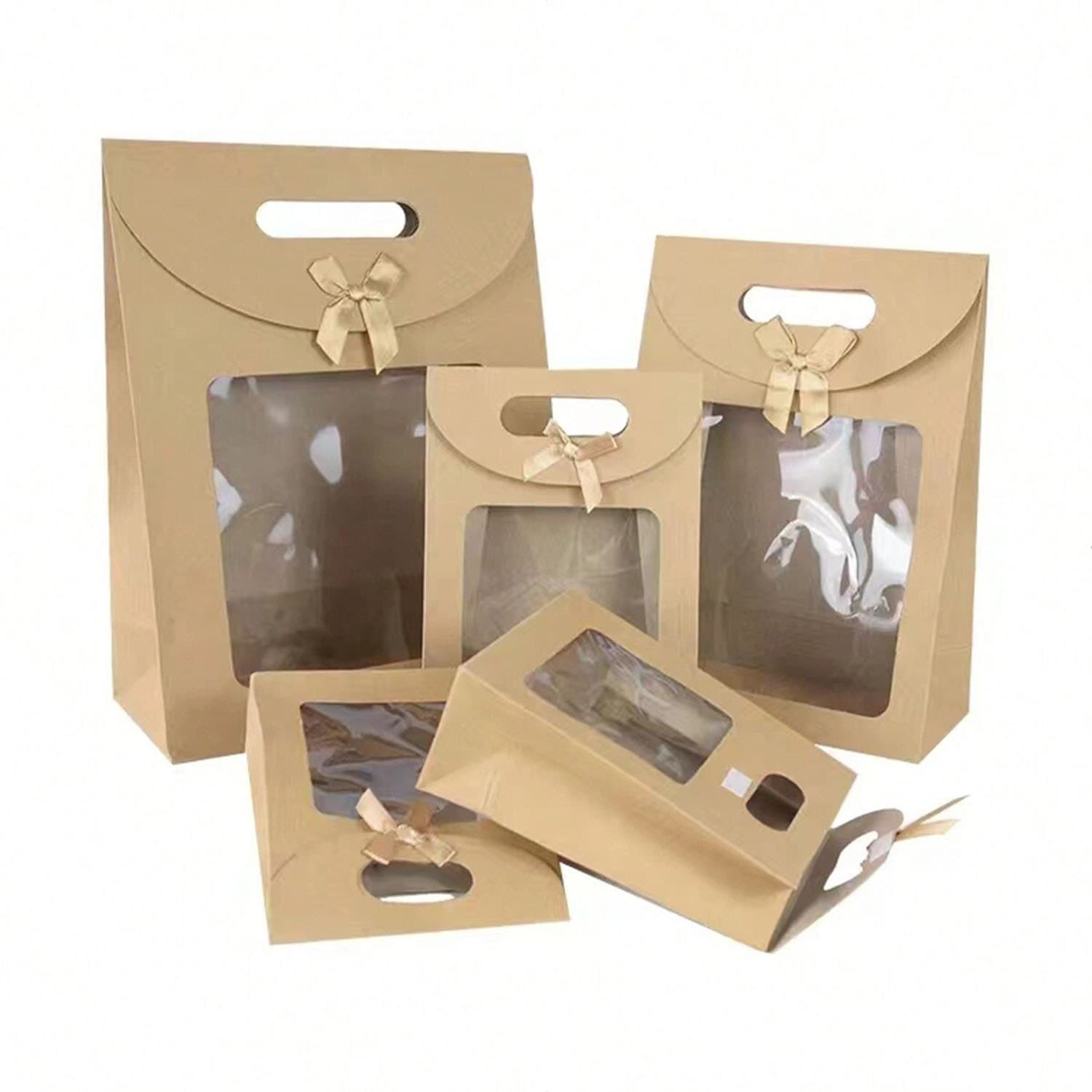 Cross-border Hot Selling Bow Transparent Window Packaging Bag Creative Paper Gift Bag Flip-top Handbag