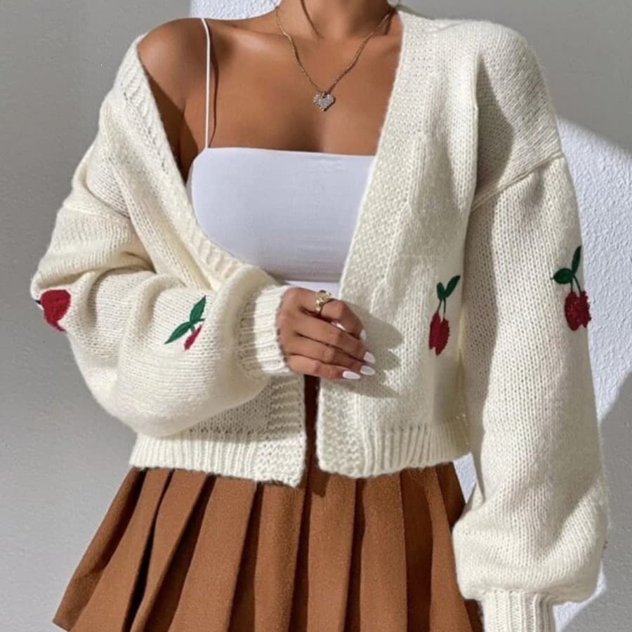 Autumn Winter Cherry Embroidery Sweater for Amazon EU/US Market, Buttonless Open-Front Loose Casual Women's Knit Cardigan