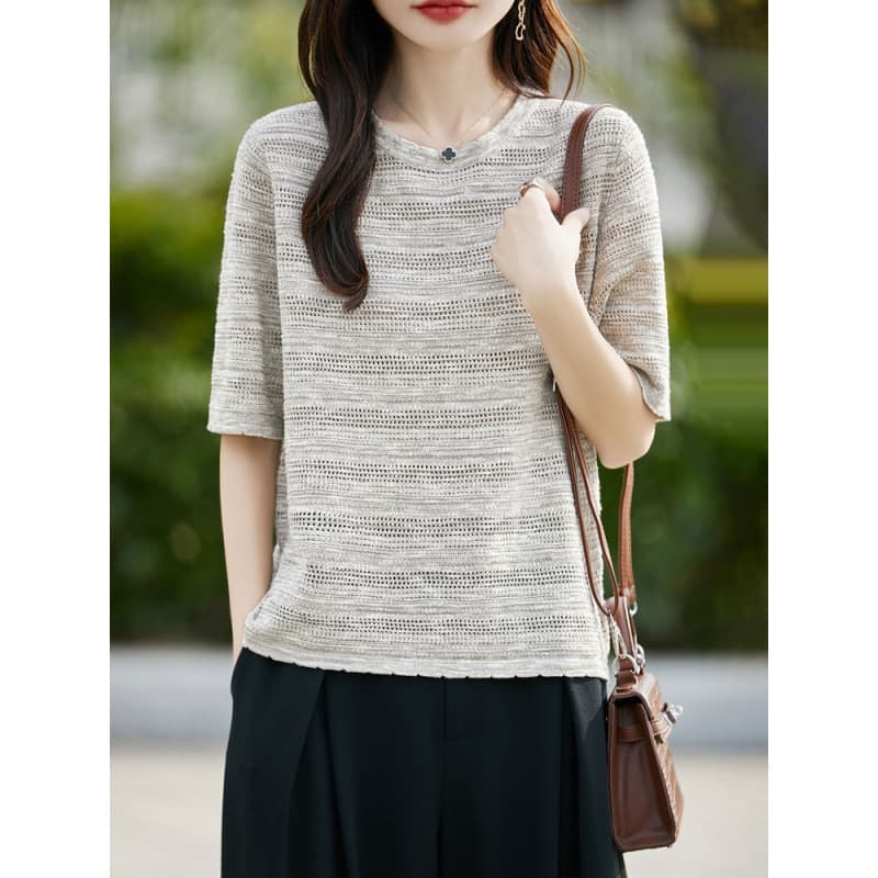 Tencel Linen Cloud Hollow Knit Round Neck Short Sleeve Summer Thin Versatile Half Sleeve Base Layer T-Shirt Top