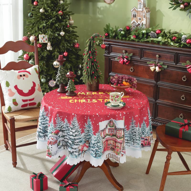2025 New Cross-border Christmas Round Tablecloth, Christmas Red Waterproof Stain-resistant Holiday Decorative Tablecloth Dining Table Cloth