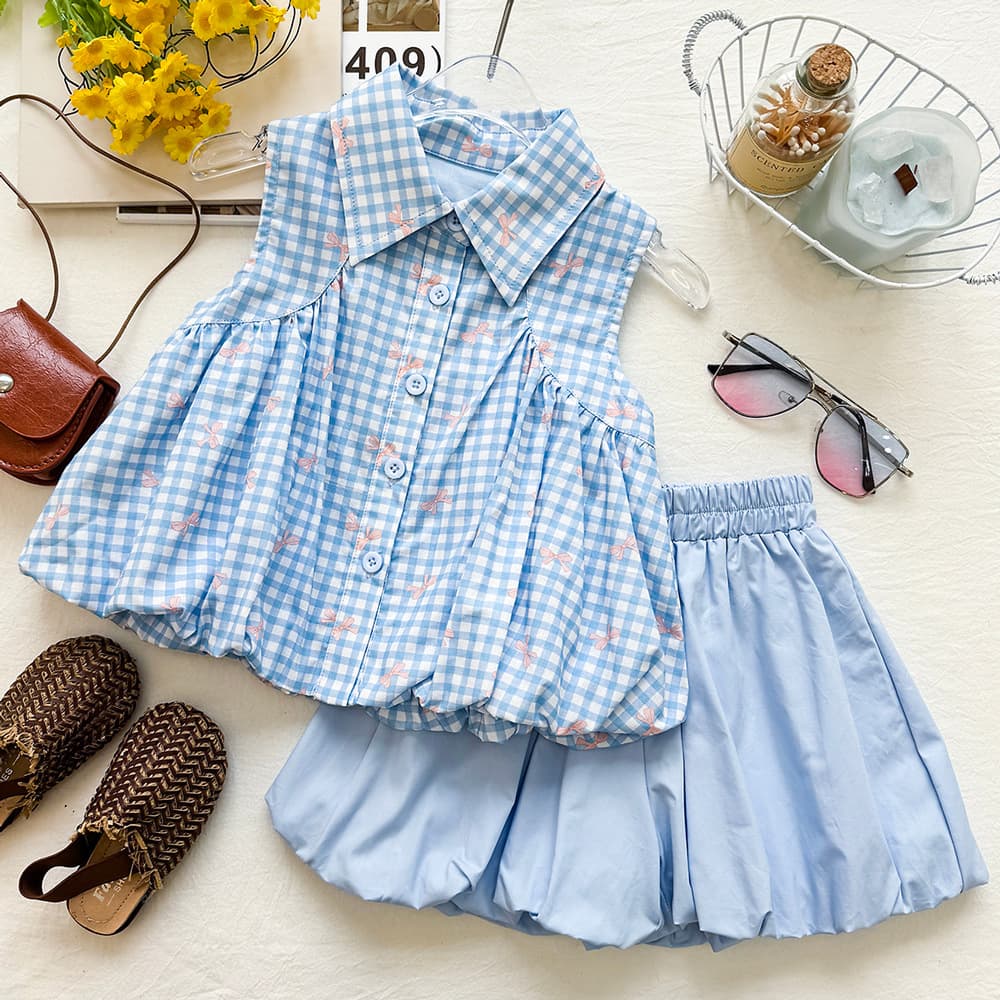 Girls blue and white plaid sleeveless flower bud shirt suit summer 2026 new light blue flower bud skirt two-piece trendy set