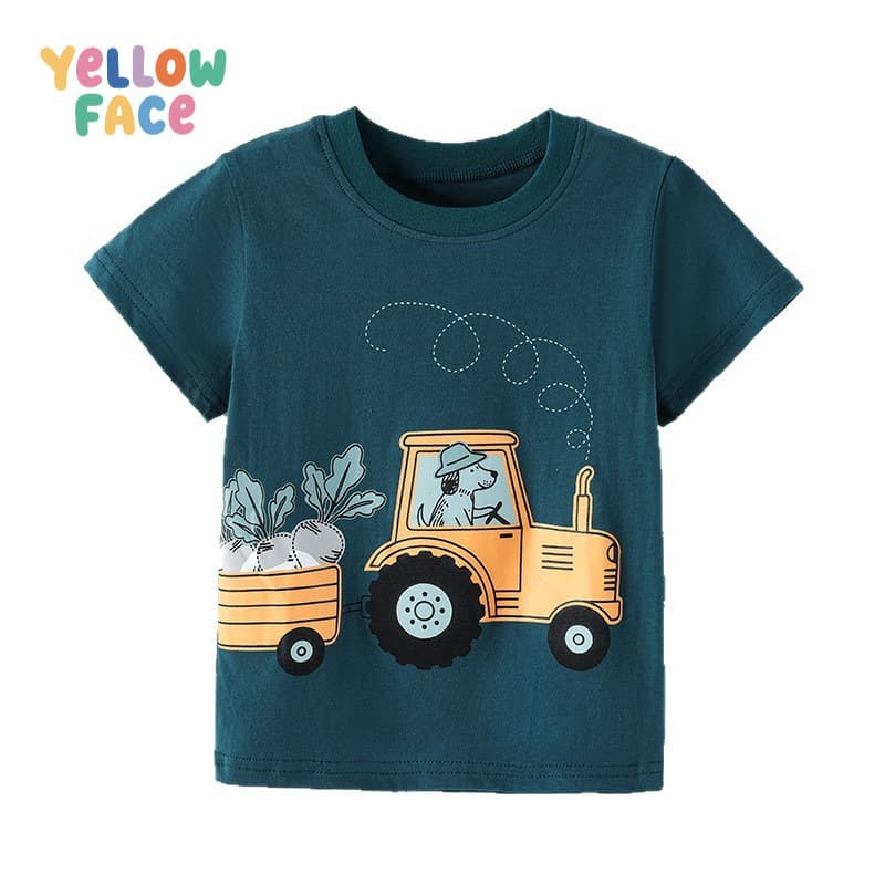 26 Summer New Boys Short Sleeve T-Shirt European American Style Tractor Print Kids Round Neck T-Shirt Cross-Border Children's Clothing