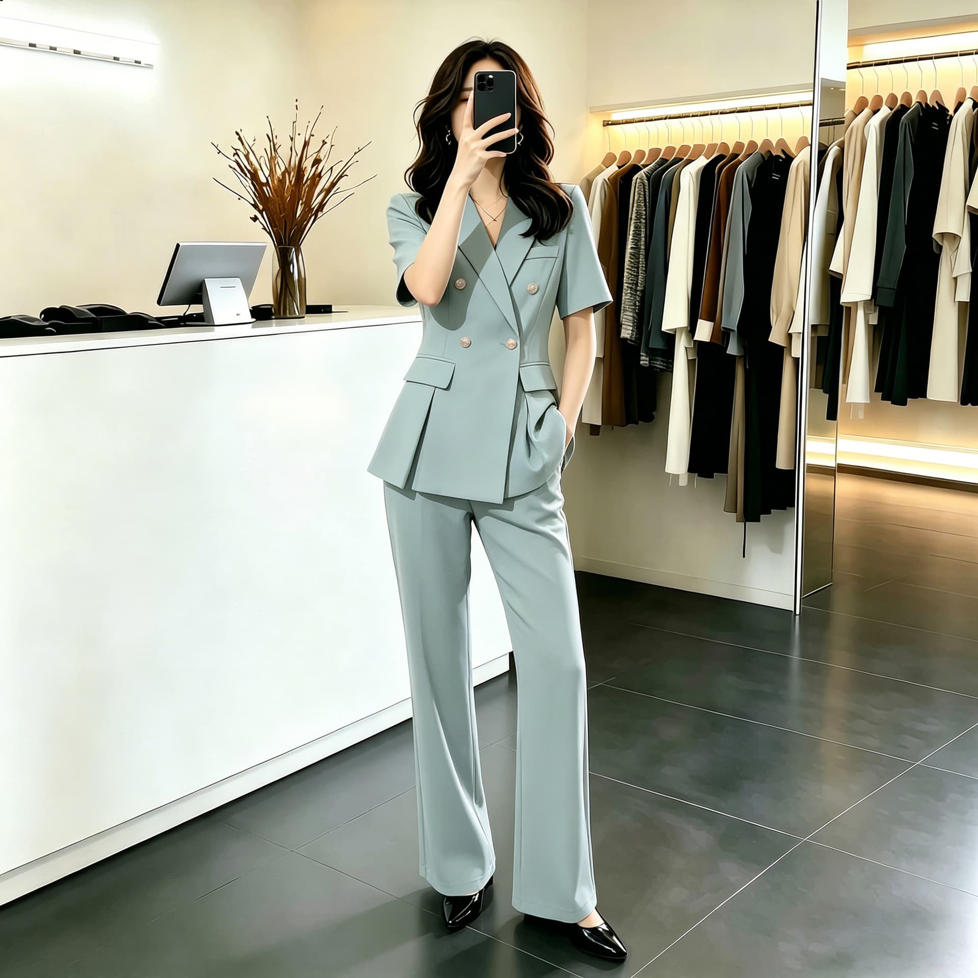 XZ212 - Short-Sleeve Thin Blazer Plus Size Women's Suit Green Workwear Professional Set