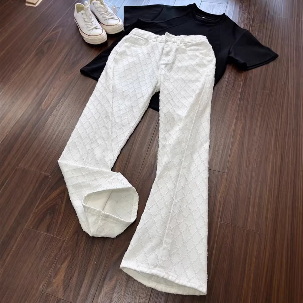 Cleanfit White Diamond Pattern Jeans for Men Autumn Jacquard Design High Street Vibe Straight Leg Flared Pants