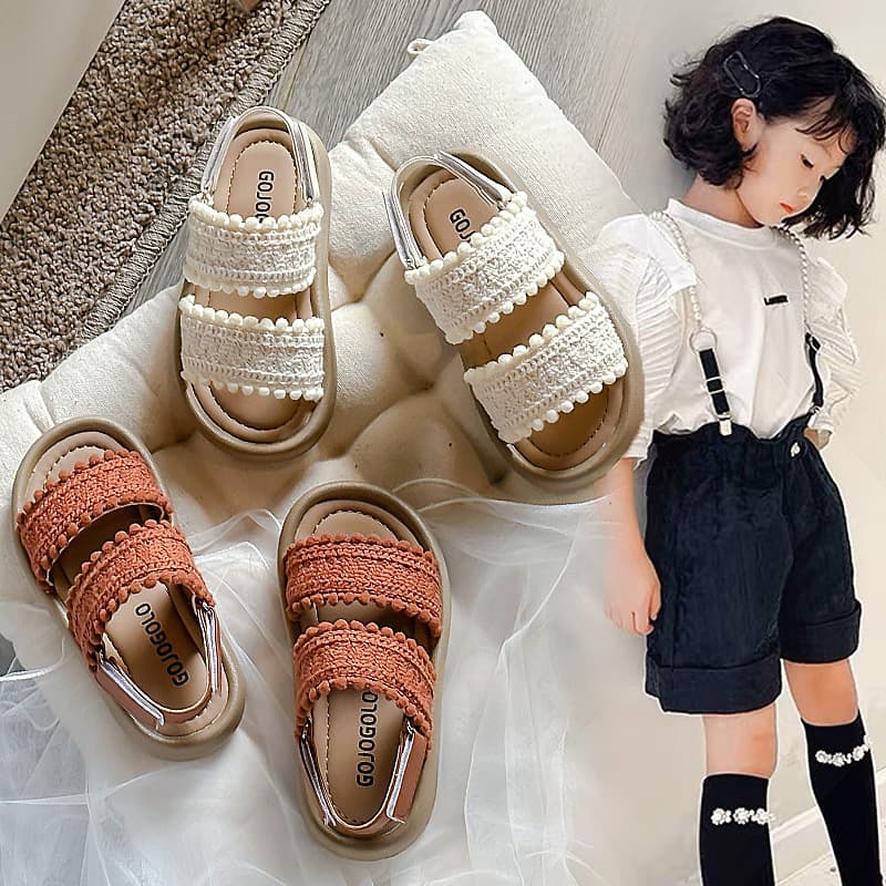Girls' Sandals Internet Celebrity New Style Baby Soft Sole Casual Shoes 2024 Summer Mid-Big Kids Retro Open Toe Beach Shoes
