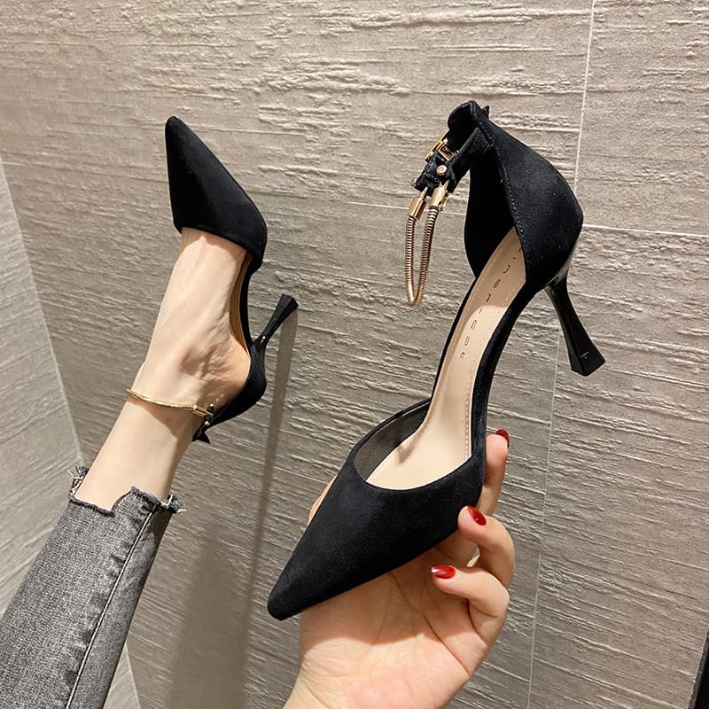 85707 French High Heels Pointed Toe Shallow Mouth Women's Mid Heel Velvet Commuter Work Shoes