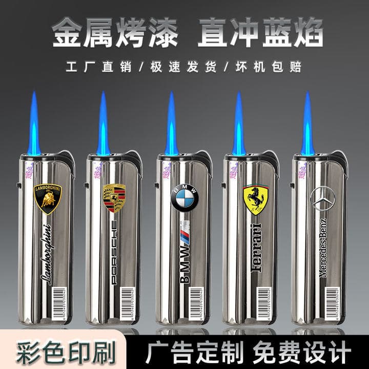 Bright Silver Metal UV Color Print Custom Blue Flame Trendy Direct-Impact Windproof Blue Flame Lighter Wholesale for Firecrackers