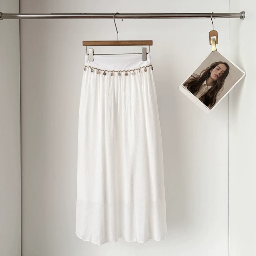 High-Waist Beaded A-Line Casual Skirt for Women 2026 Summer New Pleated Midi Skirt Hip-Covering Slimming Vacation Style