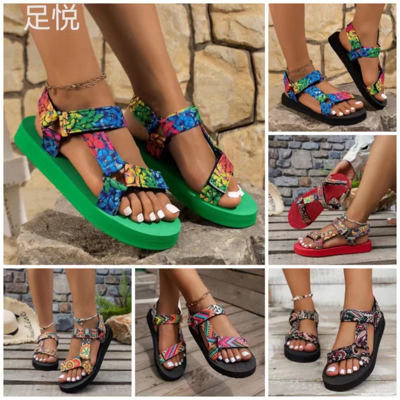 Lightweight Flat Bottom Sandals Women's 2024 Summer Roman Style Magic Sole Round Head Beach Shoes Adults Retro Fiber Material