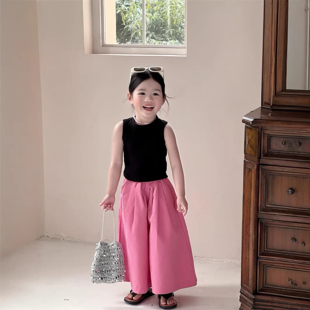 Korean children's clothing girls 2026 summer suit Western style thin black sleeveless vest dopamine pink wide leg pants