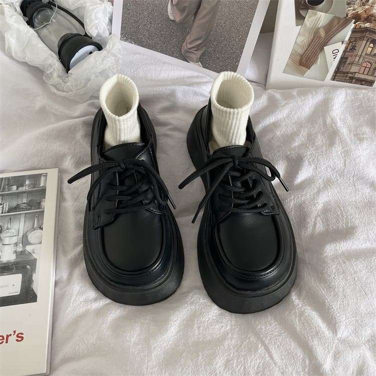 British Style Leather Shoes Women's 2025 Student Chunky Retro Pumps Lace-up Platform Height Increasing JK Women's Shoes Japanese Retro