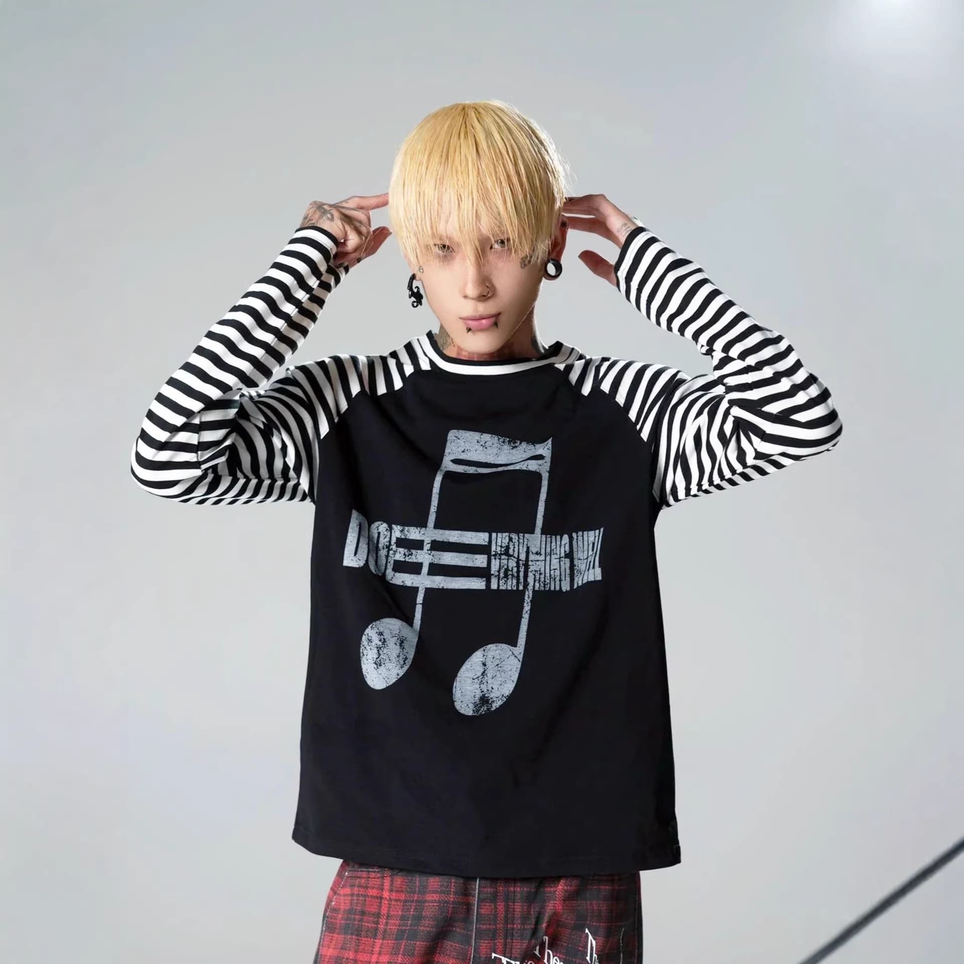 New Arrival Ins Style Music Note Print Striped T-Shirt for Men and Women Street Casual Loose Long Sleeve Tee