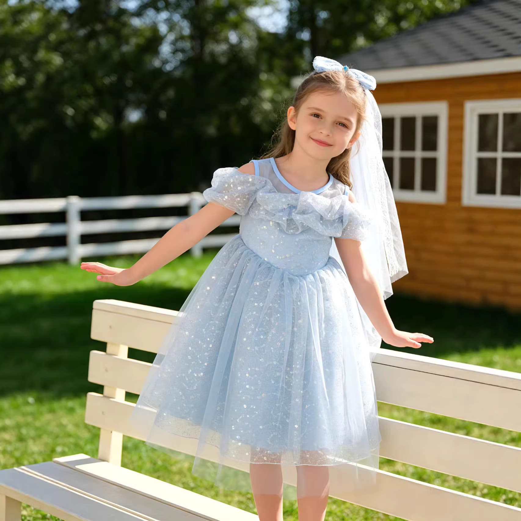 [Selected] Girls' blue sequined princess dress, one-line off-shoulder sequined gauze skirt, children's performance skirt, children's clothing batch
