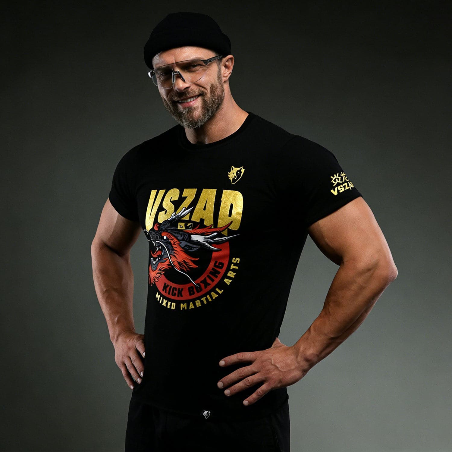 VSZAP Gold Rock Style Short Sleeve T-Shirt for Men Black Print Round Neck Loose Fit Gym Top