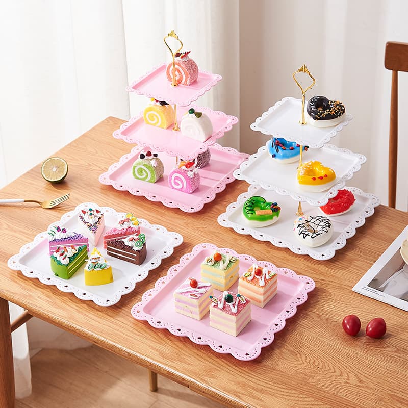 Elegant European Three-Layer Plastic Fruit Tray Birthday Party Cake Stand Square Pastry Display Stand Dry Fruit Tray