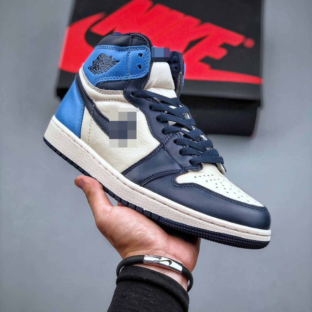Putian Original AJ1 High Top Men's and Women's Shoes, Top Layer Leather Lychee Texture, Collaboration Reverse Swoosh University Blue Basketball Shoes