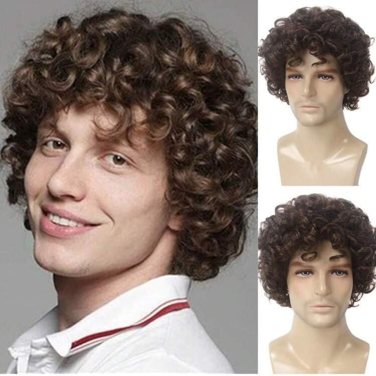 Cross-border European and American men's wig handsome fluffy brown short curly wig chemical fiber headgear man Curly wigs