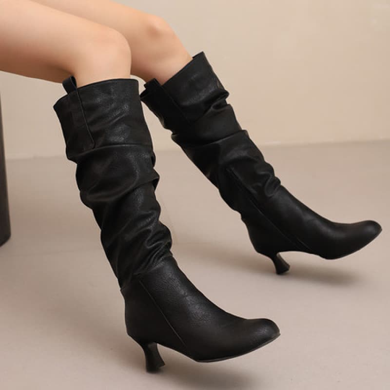 34-50 Size Amazon Women's Boots, Round Toe High Boots, Thin Heel, Side Zipper, High Heel, European and American Nightclub Style, Aliexpress Leather Boots