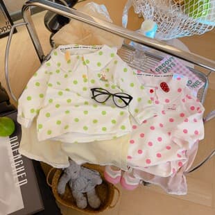 Girls Korean-style Doll Collar Polka Dot Long-sleeve Top Baby Toddler Cute Cartoon Patch T-shirt Spring Autumn Versatile
