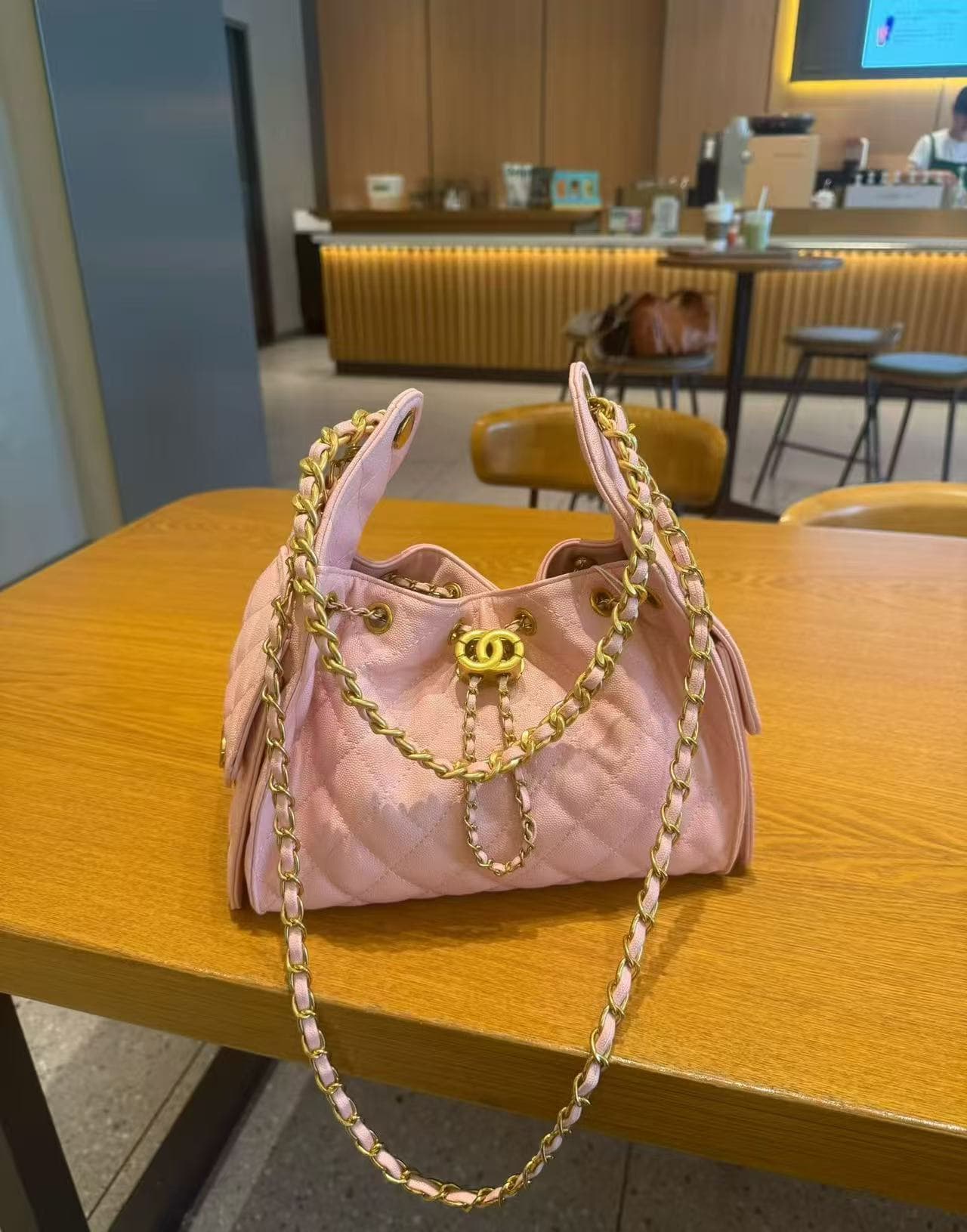 Women's Quilted Drawstring Bucket Bag, Chain Shoulder Underarm Bag, Black Gold Genuine Leather Caviar Hobo Bag, Boho Bag
