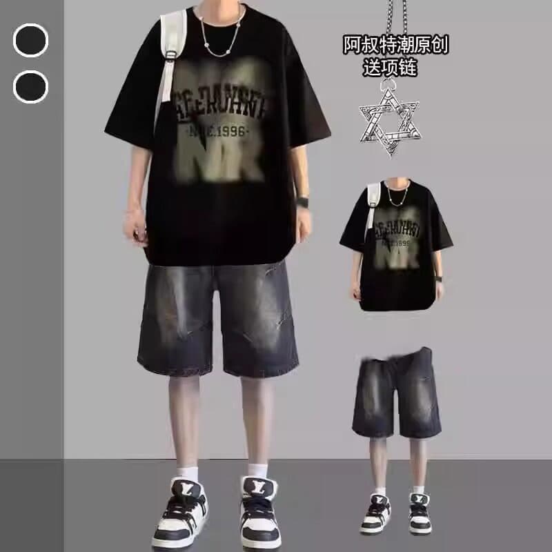 American Retro Short Sleeve T-Shirt Men's Summer Trendy Set 2026 New Youth Summer Denim Shorts
