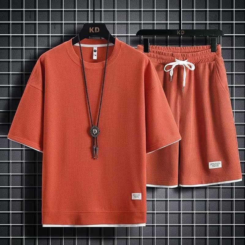Factory source waffle knit men's casual sportswear set, short sleeve top and shorts, wholesale, Hong Kong style, loose fit, two-layer look