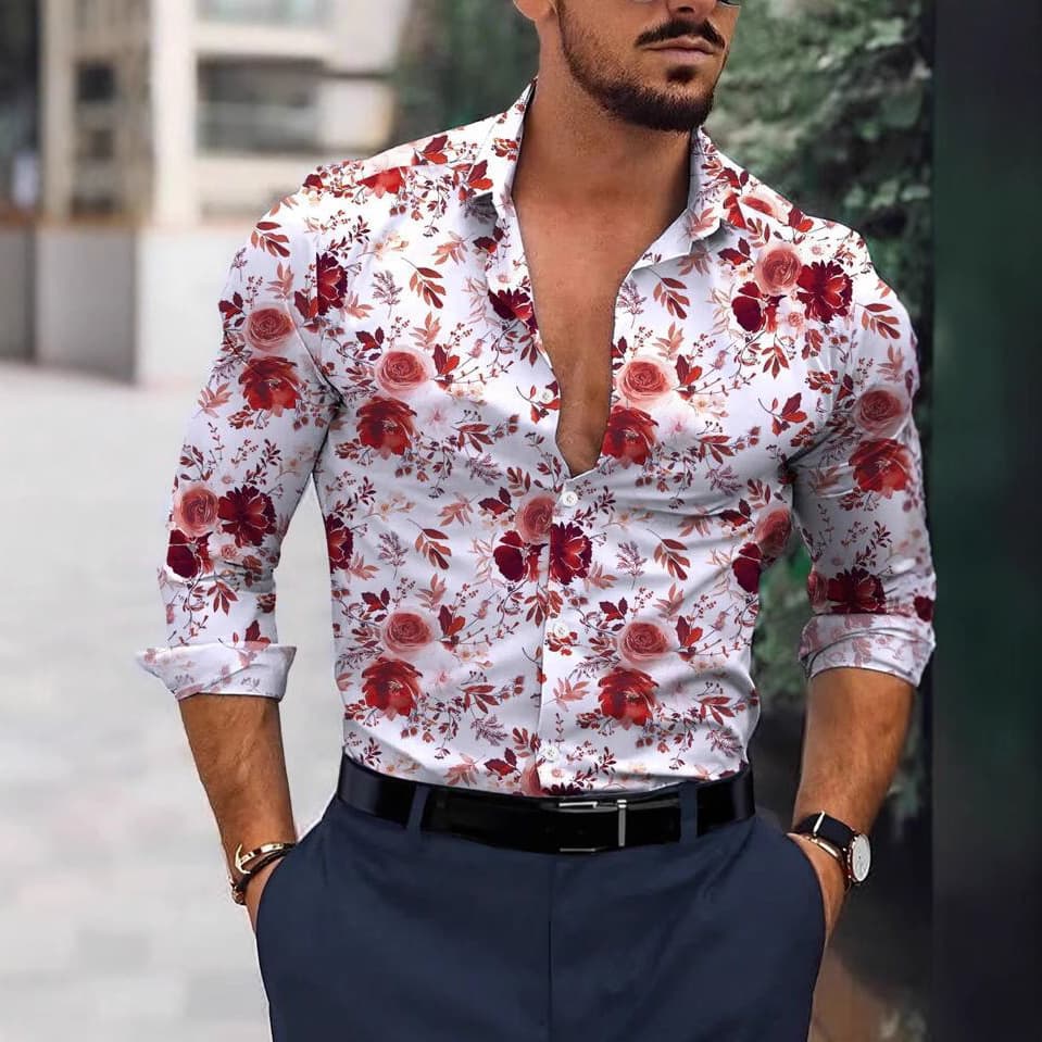 Men's Long-Sleeved Shirt Cross-Border European and American Spring and Autumn New All-Round Floral Print Trendy All-Match Shirt