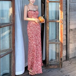 Summer Vacation Style Lace Trim Patchwork Floral Dress Long Dress Women Slim Fit High Waist H-line Camisole Dress