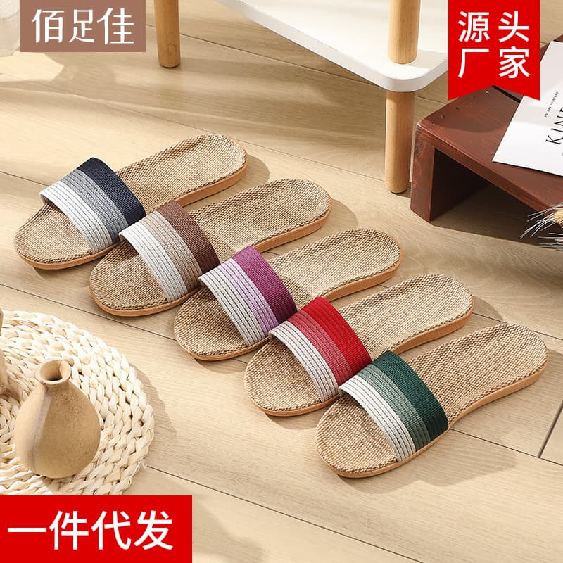 Couple Indoor Slippers for Home, Linen Anti-Slip Thick Sole Summer Sandals for Women, Breathable Lightweight for Men