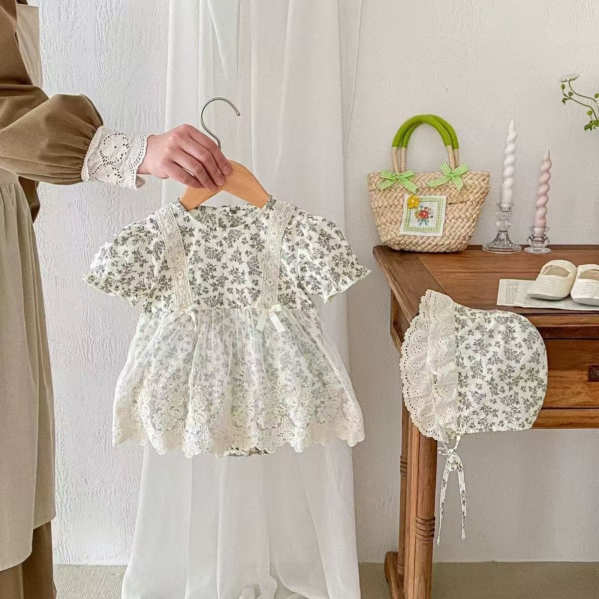 Baby bag summer dress baby girl short-sleeved lace floral dress 100-day-old princess dress dress