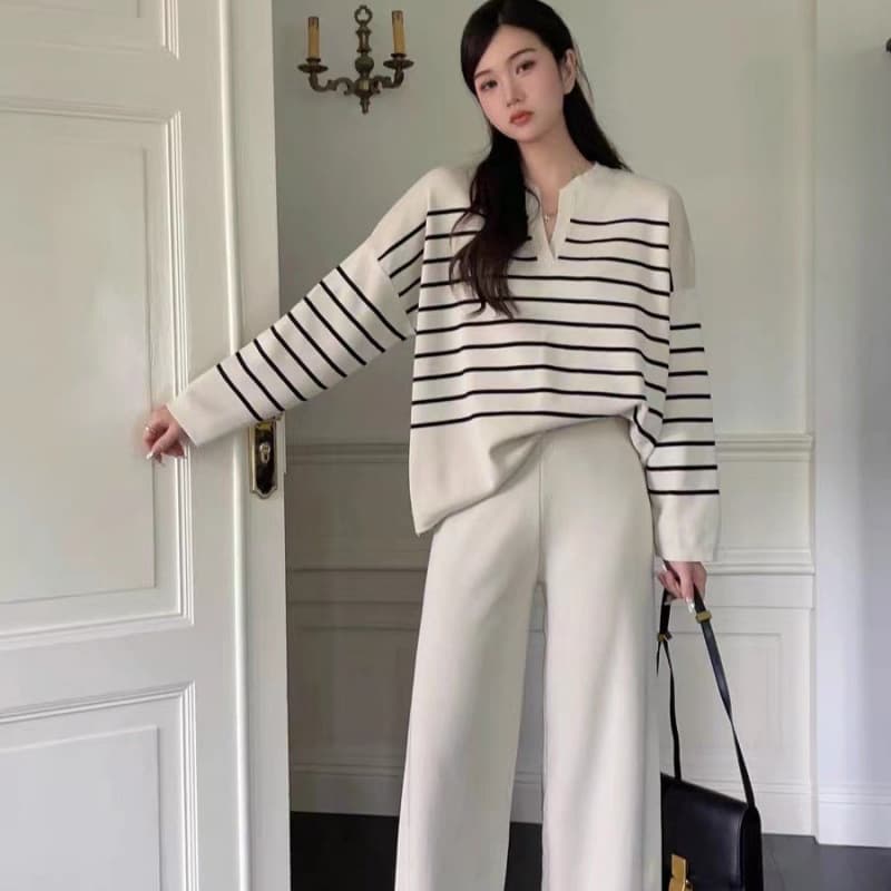 Fashion Two-Piece Set for Women Korean Style Loose Striped Knit Top Casual High-Waist Flowing Knit Wide-Leg Sweater