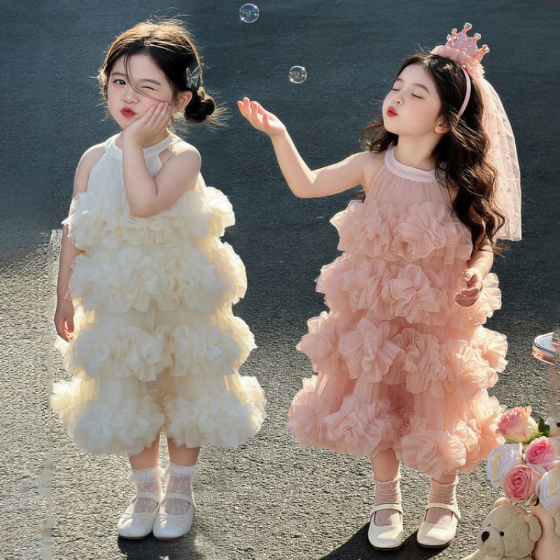 Girls Summer Korean Sweet Halter Dress 2026 New Children Fashionable Baby Tulle Puffy Princess Dress