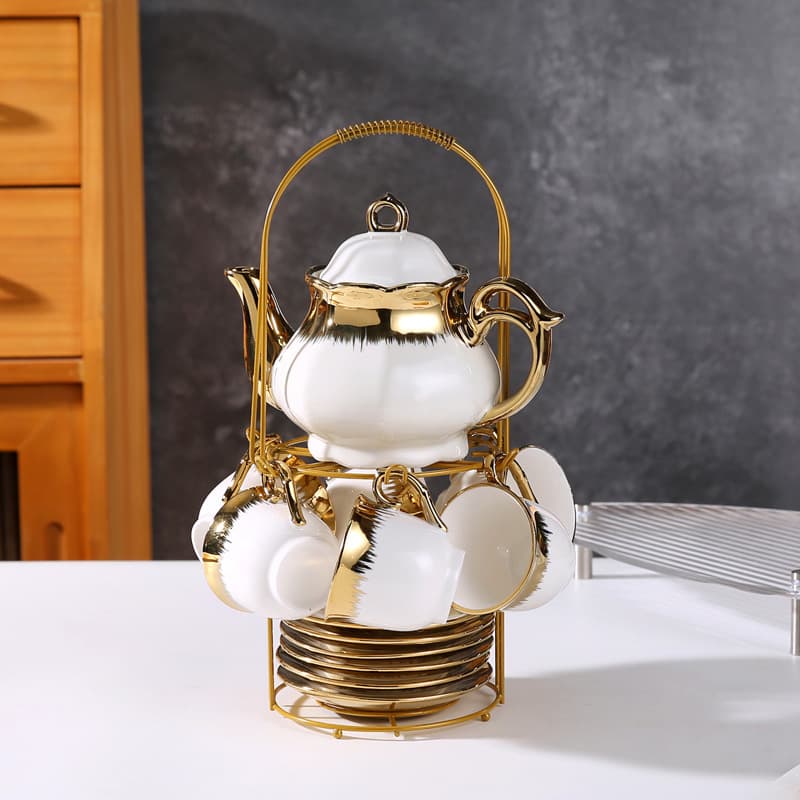 20-Piece European-Style Ceramic Coffee Cup and Pot Set, Gold-Plated Tea Set, Cross-Border Cup and Saucer Afternoon Tea Set, Customizable with Labels