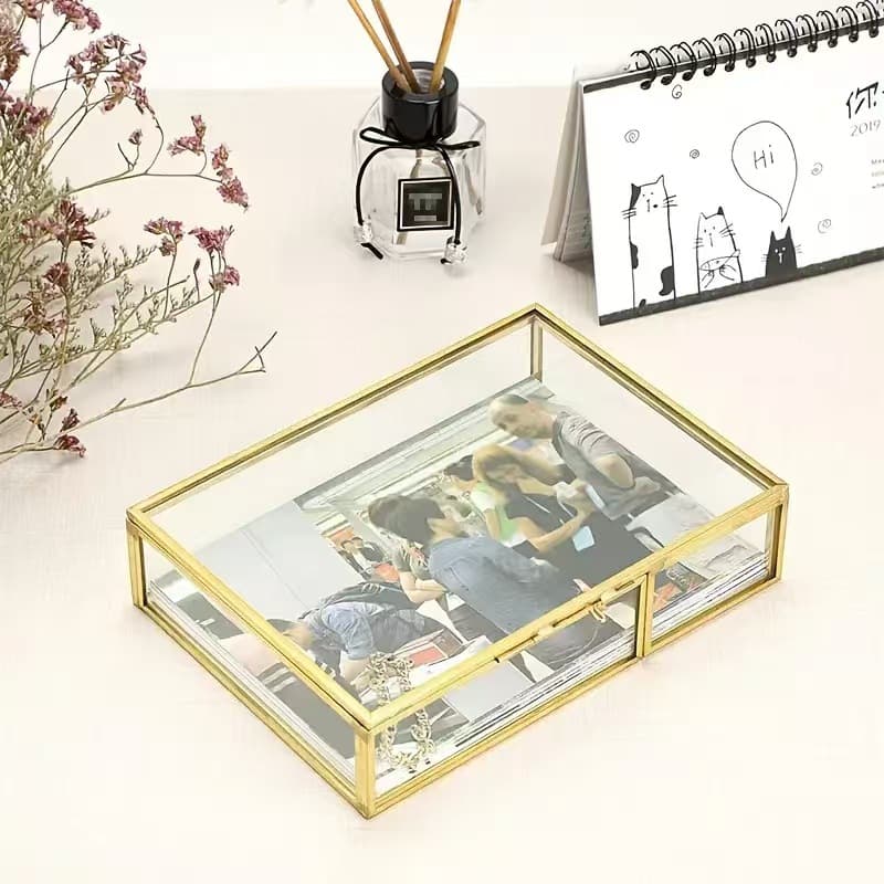 Clear Glass Jewelry Storage Box with Gold Frame, Transparent Jewelry Organizer and Display