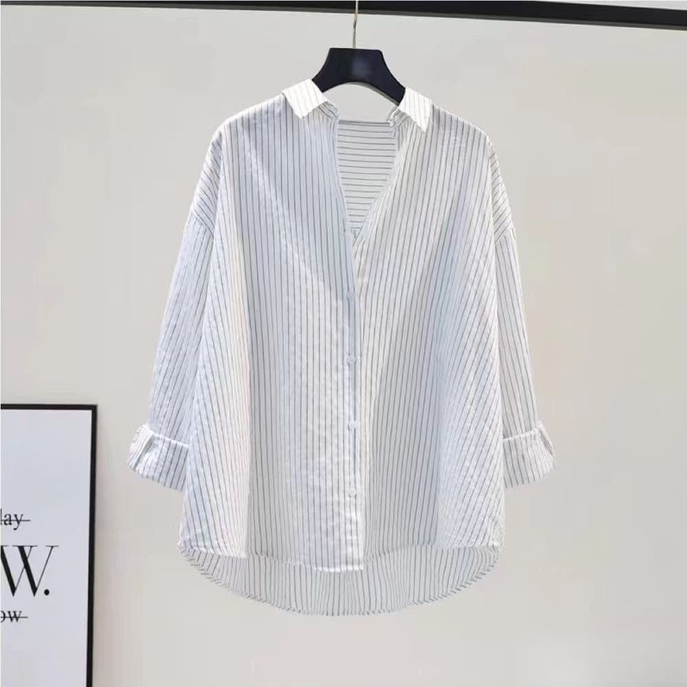 Thin Striped Shirt Sun Protection Outerwear Summer Simple Korean Loose Artistic Mid-Length Long Sleeve Blouse for Women