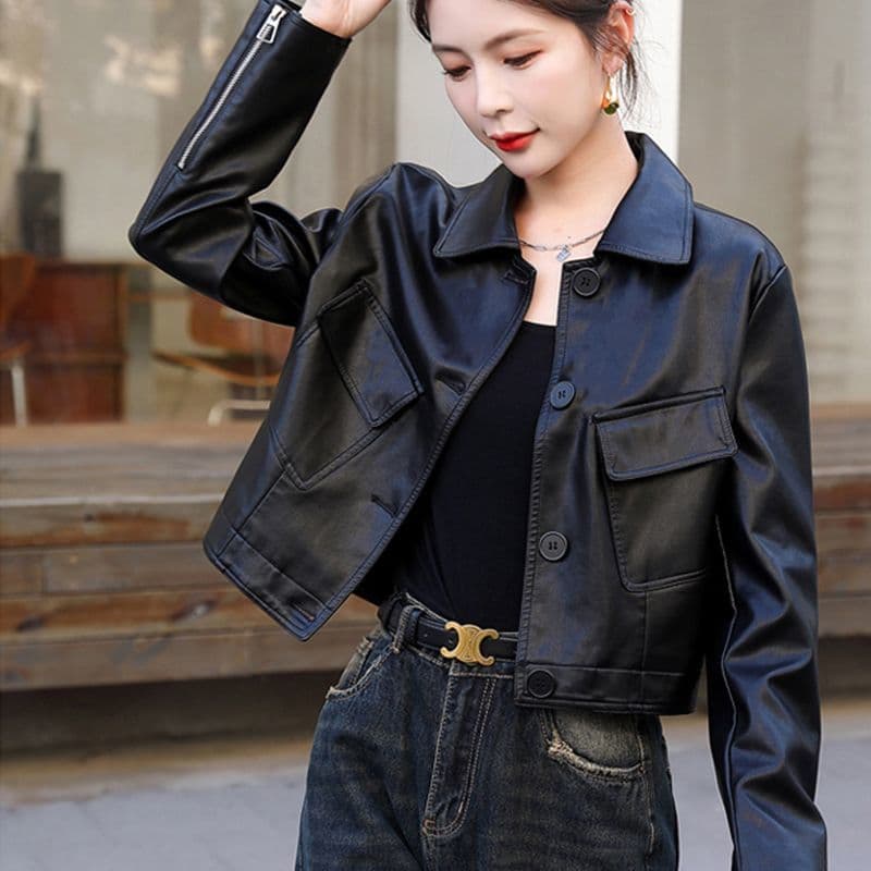 Square Collar Button PU Leather Jacket for Women 2025 Spring Autumn New Fashion Loose Slim Short Stylish PU Leather Coat