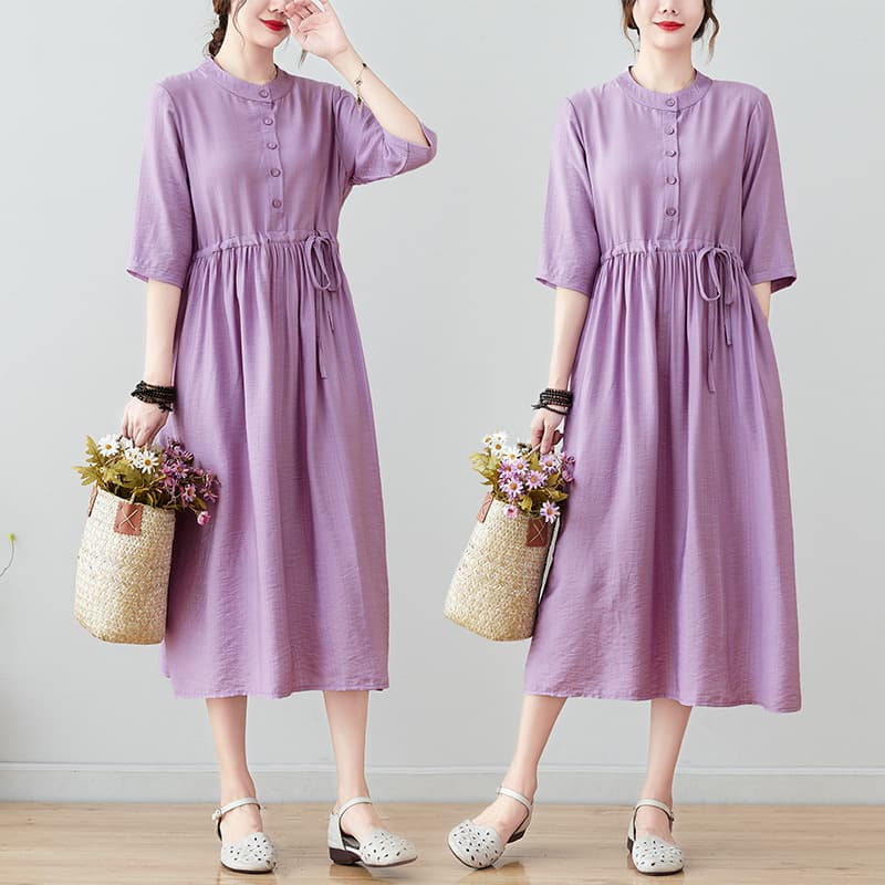 2026 Summer New Ethnic Style Women's Travel Artistic Cotton Linen Dress Fashion Pink Purple Long Skirt