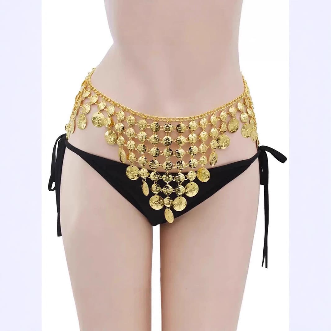 European and American retro style fashionable beach coin print tassel sexy waist chain body chain women's belly dance accessories