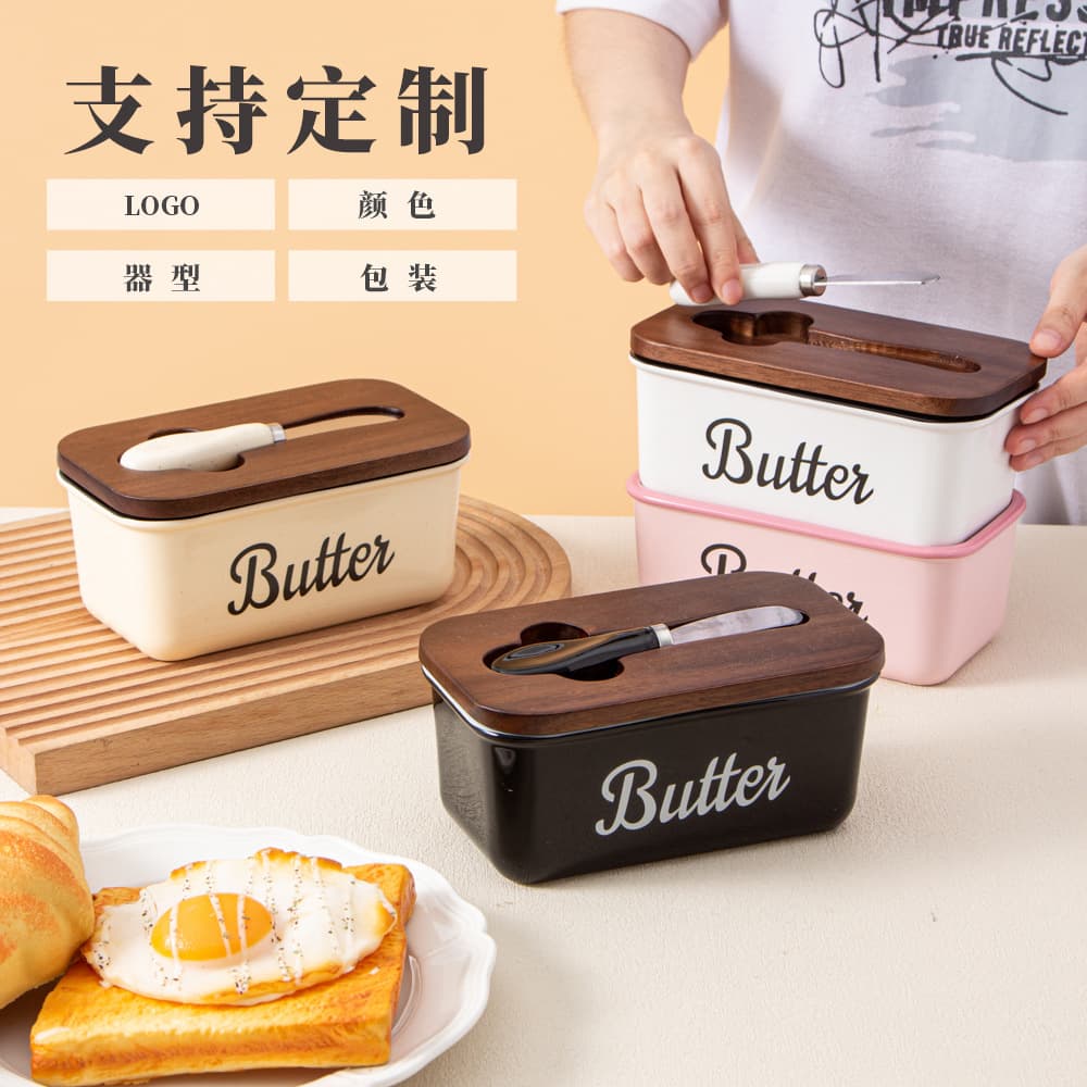 Cross-border minimalist ceramic butter box with lid and knife, rectangular household cheese container, storage sealing fresh-keeping box, custom