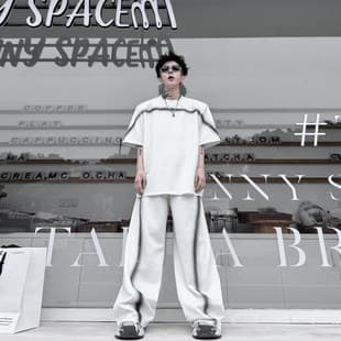 Summer Contrast Line Short Sleeve T-Shirt and Long Pants Set for Men Big Size Casual Sportswear Street Style Two-Piece Set