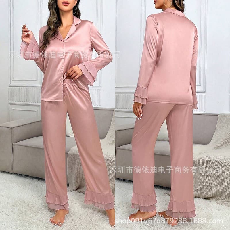 Cross-border Autumn Winter New Turn-down Collar Luxurious Satin Loungewear French Style Ruffled Long Sleeve Long Pants Wear-out Set