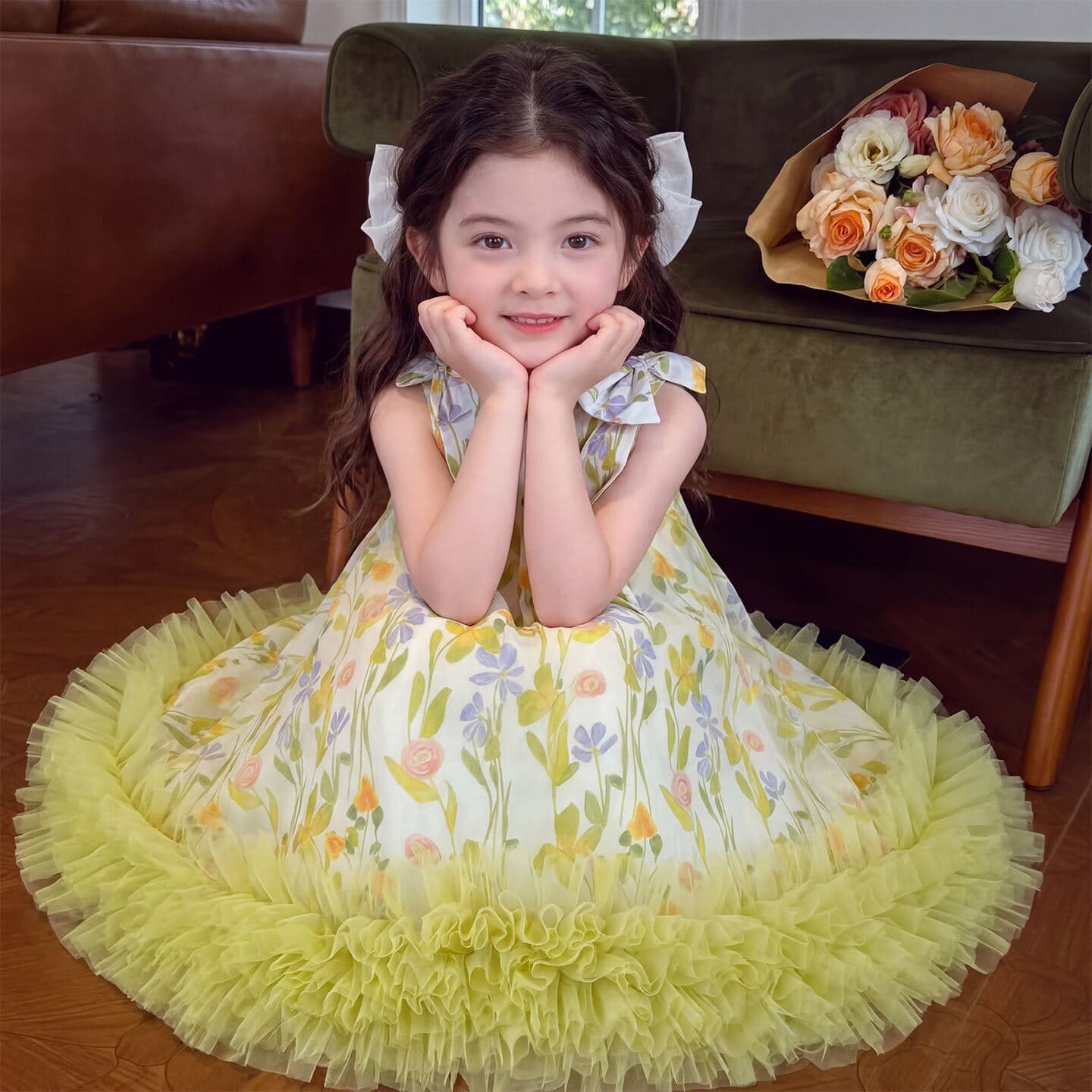 Girls' Summer Dress 2026 New Style Children's Floral Print Vest Dress Little Girl Summer Outfit Tulle Princess Dress