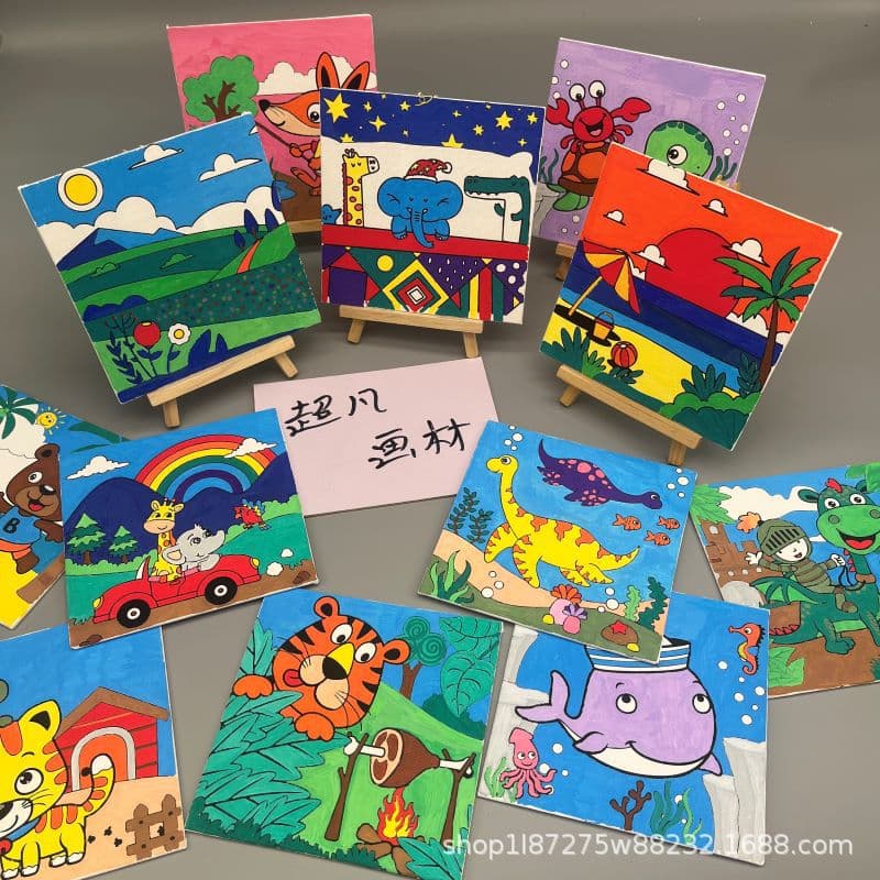 Children's coloring and drawing kit, 15*15 canvas, cartoon DIY number oil painting, cross-border wholesale.