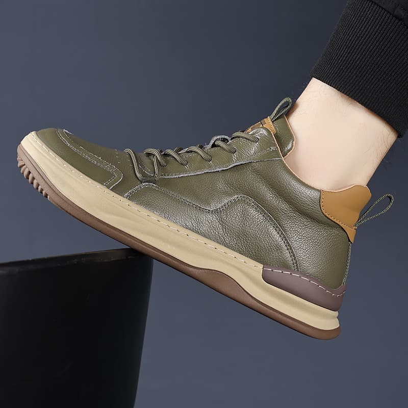 Top-layer cowhide high-top casual shoes, breathable men's leather shoes, retro men's style, niche design, trendy men's shoes, soft
