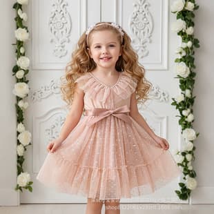 Girl's Dress, Summer New Style, Sleeveless Lace V-Neck Polka Dot Mesh Tie Dress