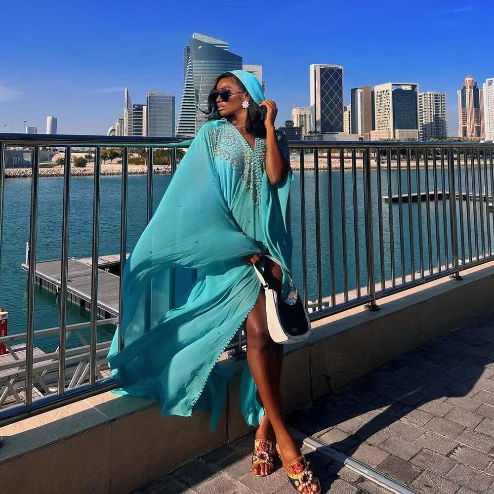 African modern design hooded loose dress with rhinestone beads and inner skirt two-piece set, cross-border source