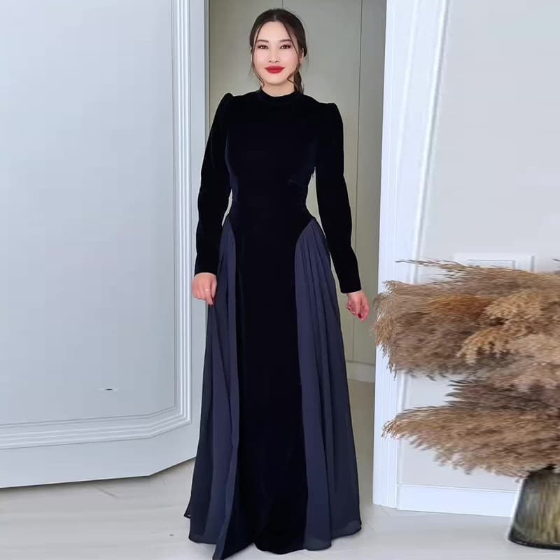 2025 new autumn European and American Amazon cross-border foreign trade women's elegant round neck patchwork waist dress