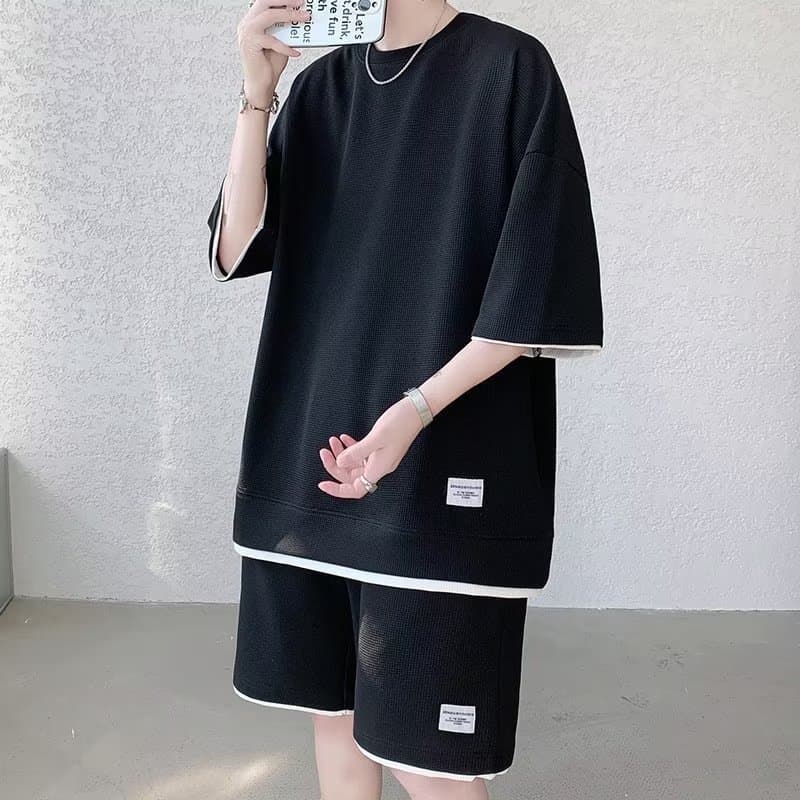 Summer Short Sleeve T-Shirt Set for Men, Waffle Knit T-Shirt, Men's Short Sleeve Sportswear Set, Loose Fit Casual Shorts