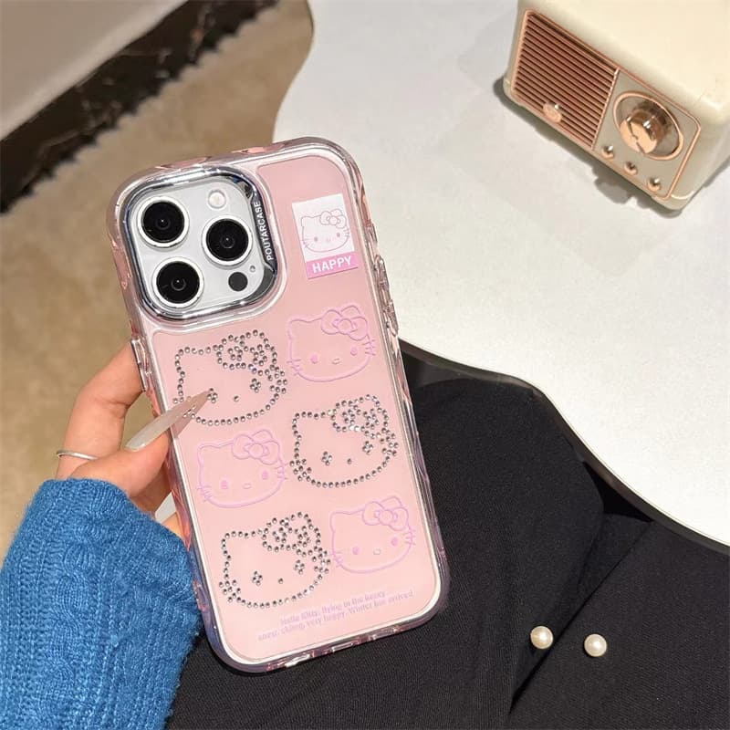 Pink KT Cat Head Phone Case for iPhone 16 Pro Max, Apple 15 Pro, 13, Creative 14 Rhinestone Case with Diamond Accents